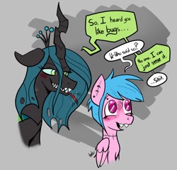 Size: 1728x1659 | Tagged: safe, artist:shelbysmol, derpibooru import, queen chrysalis, oc, oc:cassettepony, changeling, changeling queen, pegasus, pony, bust, dialogue, female, pegasus oc, stitches, tongue out, vulgar, wings