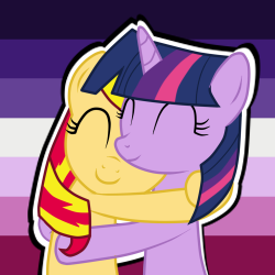 Size: 250x250 | Tagged: safe, artist:mlpride, sunset shimmer, twilight sparkle, pony, unicorn, cute, eyes closed, female, hug, lesbian, lesbian pride flag, mare, moon lesbian, moon lesbian pride flag, shimmerbetes, shipping, sunsetsparkle, twiabetes