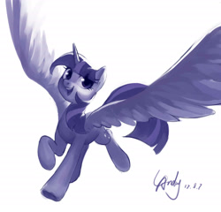 Size: 1720x1650 | Tagged: safe, artist:luciferamon, twilight sparkle, twilight sparkle (alicorn), alicorn, pony, female, flying, large wings, mare, monochrome, simple background, sketch, smiling, solo, spread wings, white background, wings