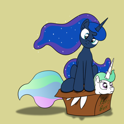 Size: 1280x1280 | Tagged: safe, artist:eightbithoof, princess celestia, princess luna, alicorn, pony, behaving like a cat, box, duo, head tilt, looking at you, majestic as fuck, pony in a box, sillestia, silluna, silly, silly pony, simple background
