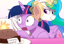 Size: 2100x1435 | Tagged: safe, artist:j24262756, princess celestia, twilight sparkle, twilight sparkle (alicorn), alicorn, pony, cake, cakelestia, caught, cheek fluff, chest fluff, duo, ear pull, featured image, female, food, imminent spanking, lidded eyes, magic, mare, nose wrinkle, open mouth, smiling, smirk, telekinesis, wide eyes