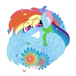 Size: 4000x4000 | Tagged: safe, artist:kawaiicofficial, artist:kawaiicreative, derpibooru import, rainbow dash, pegasus, pony, abstract background, absurd resolution, bust, chest fluff, cute, dashabetes, ear fluff, eye clipping through hair, female, flower, heart eyes, mare, simple background, smiling, solo, transparent background, wingding eyes