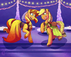 Size: 3000x2400 | Tagged: safe, artist:overlordneon, derpibooru import, applejack, sunset shimmer, earth pony, pony, unicorn, fanfic:in pieces, series:who we become, alternate hairstyle, clothes, dress, fanfic, fanfic art, female, friends, looking at each other, mare, smiling