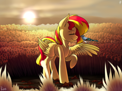 Size: 1024x768 | Tagged: safe, artist:magicstarfriends, sunset shimmer, bird, pegasus, pony, autumn, cute, female, mare, pegasus sunset shimmer, race swap, shimmerbetes, smiling, sunset