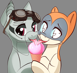 Size: 1620x1542 | Tagged: safe, artist:airiniblock, oc, oc only, oc:dorn, oc:kiva, original species, plane pony, pony, robot, robot pony, female, food, gray background, ice cream, kirn, licking, male, oc x oc, plane, rcf community, shipping, simple background, smiling, tongue out