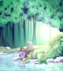 Size: 991x1111 | Tagged: safe, artist:airiniblock, oc, oc only, oc:sirocca, bat pony, pony, forest, pond, rcf community, reflection, solo, tongue out