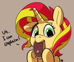 Size: 1280x1076 | Tagged: safe, artist:pabbley, sunset shimmer, pony, unicorn, 30 minute art challenge, caught, dialogue, eating, female, food, meat, ponies eating meat, simple background, solo, steak