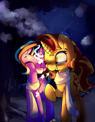 Size: 4375x5625 | Tagged: safe, artist:bloodatius, starlight glimmer, sunset shimmer, pony, unicorn, absurd resolution, clothes, cute, duo, eyes closed, female, glimmerbetes, mare, night, scarf, shimmerbetes, stars, tree