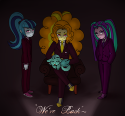 Size: 1556x1440 | Tagged: safe, artist:tenebrisdawnmlp, adagio dazzle, aria blaze, sonata dusk, oc, oc:penora melody, comic:bedazzled, equestria girls, :p, chair, clothes, suit, the dazzlings, tongue out