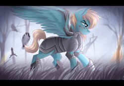 Size: 2550x1777 | Tagged: safe, artist:airiniblock, oc, oc only, pegasus, pony, armor, blood, male, rcf community, serious, serious face, solo, stallion, sword, tree, weapon, ych result