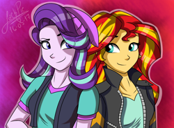 Size: 2300x1700 | Tagged: safe, artist:jack-pie, starlight glimmer, sunset shimmer, equestria girls, mirror magic, spoiler:eqg specials, beanie, clothes, duo, hat, jacket, looking at each other, shirt, smiling, vest