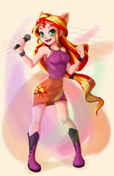 Size: 702x1080 | Tagged: safe, artist:the-park, sunset shimmer, equestria girls, rainbow rocks, abstract background, armpits, beautiful, boots, breasts, clothes, cute, female, high heel boots, legs, looking at you, microphone, miniskirt, moe, ponied up, ponytail, shimmerbetes, skirt, sleeveless, solo, standing
