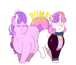 Size: 505x431 | Tagged: safe, artist:secretgoombaman12345, diamond tiara, sweetie belle, ask chubby diamond, animated, ask meanie belle, butt bump, butt to butt, butt touch, chubby, fat, meanie belle, tumblr