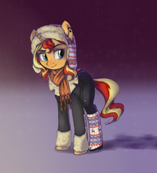 Size: 1000x1100 | Tagged: safe, artist:sapraitlond, sunset shimmer, pony, unicorn, clothes, coat, cute, ear piercing, earring, female, gradient background, hat, jewelry, mare, piercing, scarf, solo, ushanka
