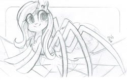Size: 800x505 | Tagged: safe, artist:meekcheep, derpibooru import, fluttershy, monster pony, original species, spiderpony, chest fluff, female, looking away, monochrome, multiple eyes, smiling, solo, species swap, spider web, spidershy, traditional art