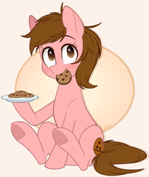 Size: 1015x1200 | Tagged: safe, artist:higglytownhero, derpibooru import, oc, oc only, oc:cookie crumb, earth pony, pony, cookie, food, mouth hold, plate, solo, underhoof