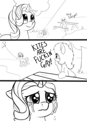 Size: 2857x4000 | Tagged: safe, artist:smoldix, starlight glimmer, oc, oc:anon filly, earth pony, pony, unicorn, bench, blatant lies, comic, crying, cute, female, filly, floppy ears, frown, glimmerbetes, grayscale, kite, kite flying, lake, levitation, lidded eyes, looking up, magic, mare, mean, monochrome, open mouth, park, sad, sadlight glimmer, sadorable, sitting, smiling, snot, table, telekinesis, tree, underhoof, vulgar, wavy mouth, wide eyes, yelling, you monster