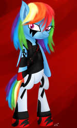 Size: 1500x2500 | Tagged: safe, artist:novaspark, rainbow dash, pegasus, pony, semi-anthro, abstract background, bipedal, clothes, costume, crossover, faith connors, female, mare, mirror's edge, signature, solo, wingless