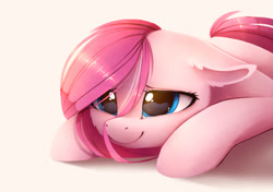 Size: 2272x1599 | Tagged: safe, artist:magnaluna, derpibooru import, pinkie pie, earth pony, pony, cheek fluff, cute, cuteamena, diapinkes, ear fluff, female, floppy ears, hnnng, lidded eyes, mare, pinkamena diane pie, prone, simple background, smiling, solo, when she smiles, white background