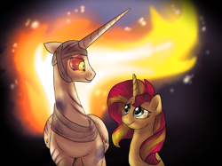 Size: 1224x915 | Tagged: safe, artist:not-ordinary-pony, daybreaker, sunset shimmer, oc, oc:helia, alicorn, pony, unicorn, fanfic:past sins, fanfic:primordial crimes (project helia), a royal problem, alicorn oc, alternate universe, bandage, duo, fanfic, fanfic art, female, looking at each other, mane of fire, mare, primordial crimes (project helia), smiling