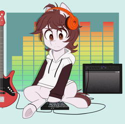 Size: 1100x1089 | Tagged: safe, artist:higglytownhero, derpibooru import, oc, oc only, earth pony, pony, clothes, electric guitar, guitar, headphones, hoodie, musical instrument, solo, underhoof