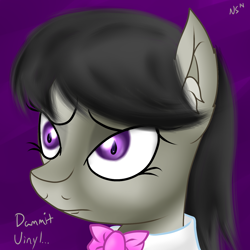 Size: 1500x1500 | Tagged: safe, artist:novaspark, octavia melody, earth pony, pony, ..., black mane, bowtie, bust, collar, dialogue, ear fluff, female, gray coat, mare, purple background, simple background, solo, vulgar