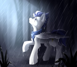 Size: 1785x1555 | Tagged: safe, artist:airiniblock, oc, oc only, pegasus, pony, bandana, commission, forest, male, rain, raised hoof, rcf community, scar, scenery, solo, stallion, wet, wet mane