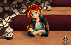 Size: 2975x1892 | Tagged: safe, artist:penspark, sunset shimmer, equestria girls, beautiful, breasts, candle, cleavage, clothes, cute, female, human coloration, jacket, looking at you, shimmerbetes, sitting, smiling, solo, sunset jiggler, table