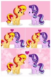 Size: 2315x3472 | Tagged: safe, artist:rockarboom, starlight glimmer, sunset shimmer, pony, air kiss, chibi, female, lesbian, shimmerglimmer, shipping