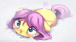 Size: 1600x883 | Tagged: safe, artist:sverre93, derpibooru import, fluttershy, mouse, pegasus, pony, blushing, cute, female, floppy ears, looking up, mare, shyabetes, snow, wings