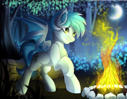 Size: 2222x1737 | Tagged: safe, artist:airiniblock, oc, oc only, bat pony, campfire, fire, forest, moon, night, rcf community, solo, tree