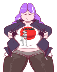 Size: 460x580 | Tagged: safe, artist:secretgoombaman12345, diamond tiara, human, ask chubby diamond, chubby, clothes, fat, gorillaz, humanized, solo