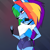 Size: 735x735 | Tagged: safe, artist:emotionalhugz, derpibooru import, edit, rainbow dash, anthro, hellhound, wolf, 2020, 2020s, blue fur, choker, clothes, confident, female, fingerless gloves, gloves, hand on hip, helluva boss, loona (helluva boss), pink eyes, sexually transmitted disease, sexy, shorts, species swap, spiked choker, std, syphilis, tomboy, wolf dash, wolfified