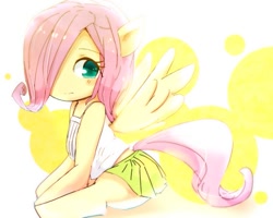 Size: 563x450 | Tagged: safe, artist:youhoujou, derpibooru import, fluttershy, pegasus, pony, clothes, cute, female, mare, midriff, moe, shyabetes, simple background, skirt, tanktop, white background