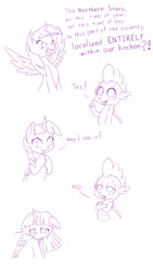 Size: 800x1418 | Tagged: safe, artist:dstears, spike, twilight sparkle, twilight sparkle (alicorn), alicorn, dragon, pony, once upon a zeppelin, angry, comic, crossed arms, dialogue, duo, female, male, mare, meme, monochrome, simple background, simpsons did it, sketch, spread wings, steamed hams, teary eyes, the simpsons, whimpering, white background, wings