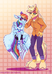 Size: 1448x2074 | Tagged: safe, artist:inuhoshi-to-darkpen, derpibooru import, applejack, rainbow dash, anthro, earth pony, pegasus, unguligrade anthro, abstract background, chest fluff, clothes, duo, ear fluff, feathered fetlocks, female, freckles, gradient background, holding, hoof fluff, mare, pants, patterned background, shirt, shorts, size difference, smoldash, tanktop, unamused, unshorn fetlocks