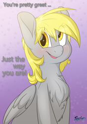 Size: 3500x5000 | Tagged: safe, artist:fluffyxai, derpy hooves, ditzy doo, pegasus, pony, blushing, chest fluff, cute, derpabetes, derpy day, derpy day 2018, female, fluffy, looking at you, mare, motivational, movie accurate, positive ponies, sitting, smiling, wings, wings tucked in