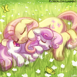 Size: 750x750 | Tagged: safe, artist:lumineko, derpibooru import, fluttershy, sweetie belle, butterfly, pegasus, pony, unicorn, cute, daaaaaaaaaaaw, diasweetes, duo, duo female, eyes closed, female, filly, flower, friendshipping, grass, lumineko is trying to murder us, mare, pony pillow, shyabetes, sleeping, weapons-grade cute