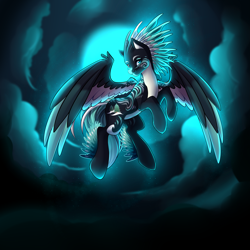 Size: 3333x3333 | Tagged: safe, artist:airiniblock, oc, oc only, oc:alpine apotheon, pegasus, pony, colored wings, colored wingtips, feathered mane, female, flying, looking at you, mare, moon, night, night sky, rcf community, sky, smiling, solo, ych result