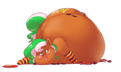 Size: 920x545 | Tagged: safe, artist:secretgoombaman12345, oc, oc only, oc:sweetgrass, belly, big belly, candy, clothes, fat, food, glasses, green eyes, obese, socks, solo, striped socks, stuffed, tongue out, wrapper