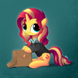 Size: 1000x1000 | Tagged: safe, artist:songbirdserenade, sunset shimmer, pony, unicorn, clothes, cute, female, hoodie, looking at you, mare, saddle bag, shimmerbetes, sitting, solo