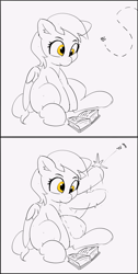 Size: 3939x7836 | Tagged: safe, artist:pabbley, derpy hooves, fly, pegasus, pony, book, comic, female, mare, monochrome, partial color, reading, simple background, sketch, smiling, solo, white background, wings