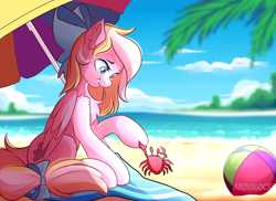 Size: 3073x2233 | Tagged: safe, artist:airiniblock, oc, oc only, oc:bay breeze, crab, pegasus, pony, beach, beach ball, bow, cloud, commission, female, hair bow, mare, pinch, rcf community, sky, water, ych result