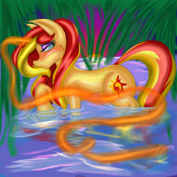 Size: 1460x1460 | Tagged: safe, artist:acespade777, sunset shimmer, pony, unicorn, bedroom eyes, cute, digital art, female, magic, not fiery shimmer, pretty, solo, water, wrong magic color