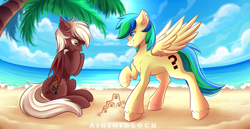 Size: 1280x658 | Tagged: safe, artist:airiniblock, oc, oc only, oc:picture perfect, oc:sky, bat pony, pegasus, pony, bat pony oc, beach, chest fluff, cute, duo, ear fluff, female, mare, raised hoof, rcf community, smiling