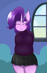 Size: 1950x3000 | Tagged: safe, artist:dragonpone, derpibooru exclusive, starlight glimmer, anthro, arm behind back, big breasts, blushing, breasts, chubby, clothes, cute, ear fluff, eyes closed, female, miniskirt, moe, plump, skirt, smiling, solo, starlight jiggler, starlight's room, sweater, thighs, window