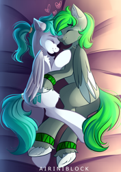 Size: 1946x2745 | Tagged: safe, artist:airiniblock, oc, oc only, oc:emerald stonesetter, oc:lucid mirage, pegasus, pony, commission, cuddling, cute, eyes closed, female, heart, male, oc x oc, ocbetes, rcf community, shipping, straight