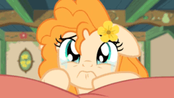 Size: 1280x720 | Tagged: safe, screencap, pear butter, pony, the perfect pear, animated, bed, crying, cute, floppy ears, flower, flower in hair, gif, pearabetes, sad, sadorable, solo, woobie