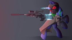 Size: 1600x886 | Tagged: safe, artist:airiniblock, oc, oc:star gazer, unicorn, fallout equestria, gas mask, glowing horn, gun, hooves, levitation, magic, mask, ncr, ncr ranger, optical sight, rcf community, rearing, rifle, simple background, sniper, sniper rifle, solo, telekinesis, weapon