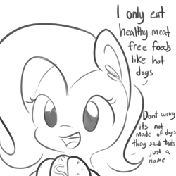 Size: 792x792 | Tagged: safe, artist:tjpones, derpibooru import, fluttershy, pegasus, pony, blissful ignorance, dialogue, ear fluff, eating, food, grayscale, hot dog, innocent, meat, monochrome, painfully innocent fluttershy, ponies eating meat, sausage, simple background, solo, white background